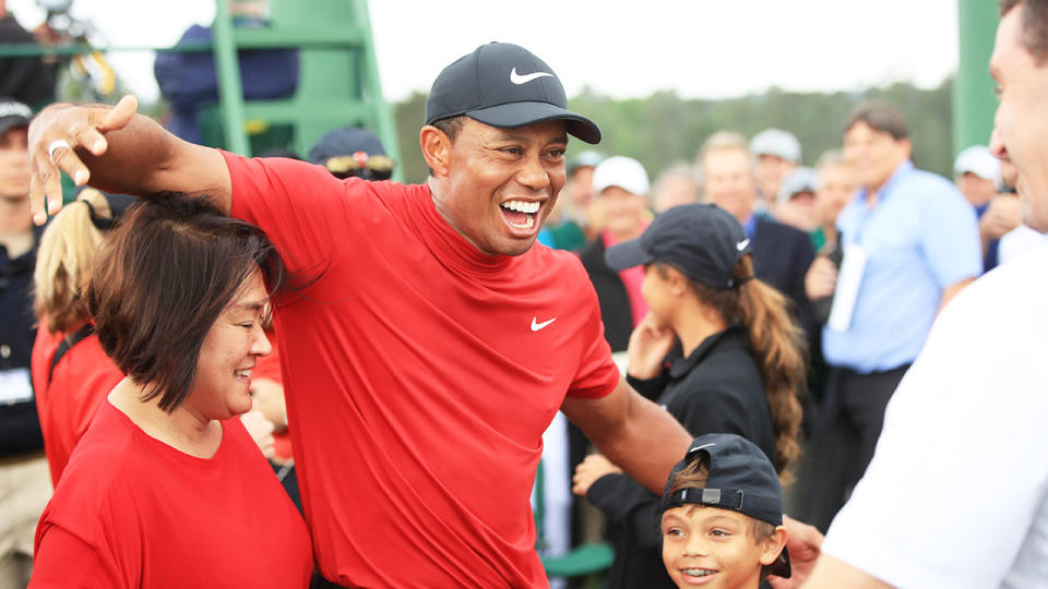 Seen here, Tiger Woods celebrates his 2019 Masters win with family.