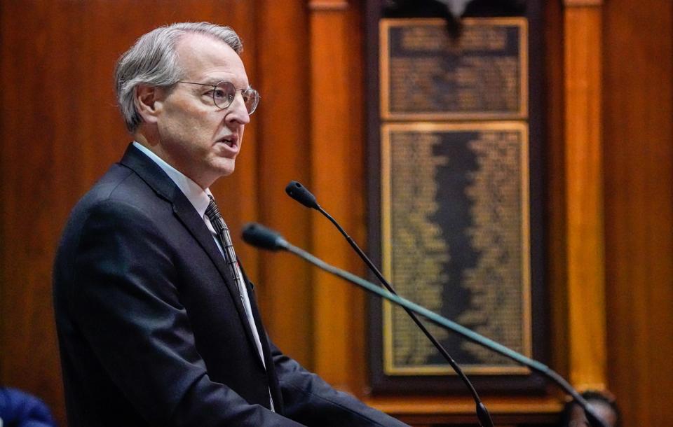 State Rep. Matt Pierce, D-District 61, speaks about rape that goes unreported in children, when debating how many weeks at which a girl, or woman, could obtain an abortion  during a a special session in the House of Representatives on Thursday, Aug. 4, 2022, at the Indiana Statehouse in Indianapolis.