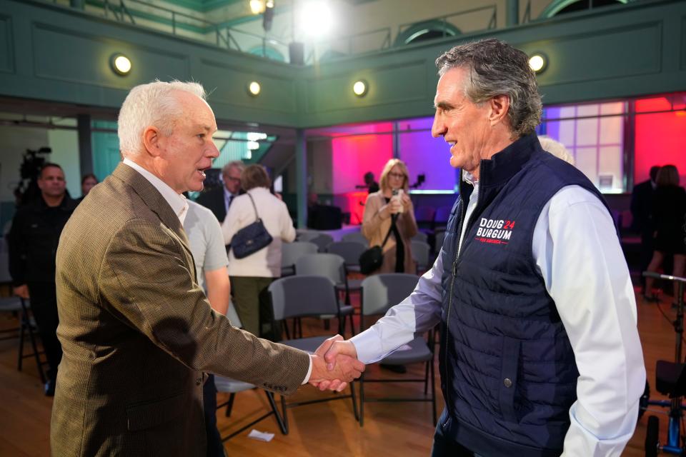 Republican presidential candidate Doug Burgum greets supporters after the Seacoast Media Group and USA TODAY Network 2024 Republican Presidential Candidate Town Hall Forum held in the historic Exeter Town Hall in Exeter, New Hampshire.