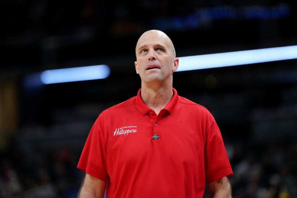 INDIANAPOLIS, INDIANA - MARCH 22: Head coach Steve Lutz of the Western Kentucky Hilltoppers reacts against the Marquette Golden Eagles during the first half in the first round of the NCAA Men's Basketball Tournament at Gainbridge Fieldhouse on March 22, 2024 in Indianapolis, Indiana. (Photo by Dylan Buell/Getty Images) ORG XMIT: 776103536 ORIG FILE ID: 2104759937