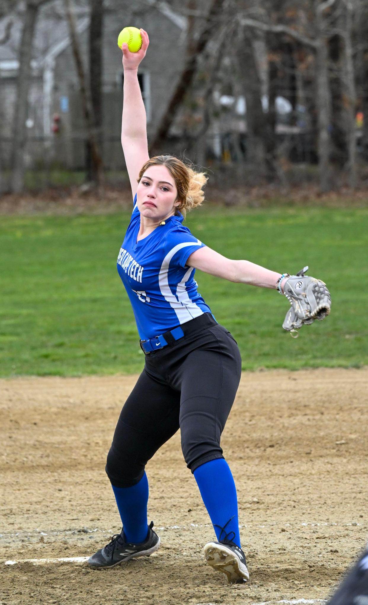 NORTH EASTHAM 04/05/24 Upper Cape Tech pitcher Taysia Lopes delivers against Nauset. softball
Ron Schloerb/Cape Cod Times