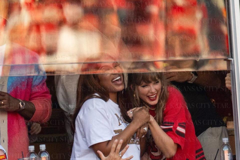 Taylor Swift celebrates a big play during the during the second half of the Chiefs game vs. the Cincinnati Bengals on Sunday, Sept. 15, 2024, at GEHA Field at Arrowhead Stadium.