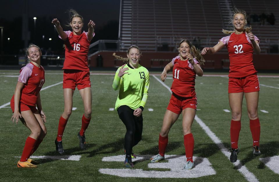 Defenders (from left) Sammy Johnson (17), Taylor Pyle (16), Annika Yoder-Stoulil (keeper), Keaton Hanson (11) and Mia Kautman (32) have combined to produce eight shutouts in 10 games for the Class 1A No. 2 Gilbert girls soccer team.