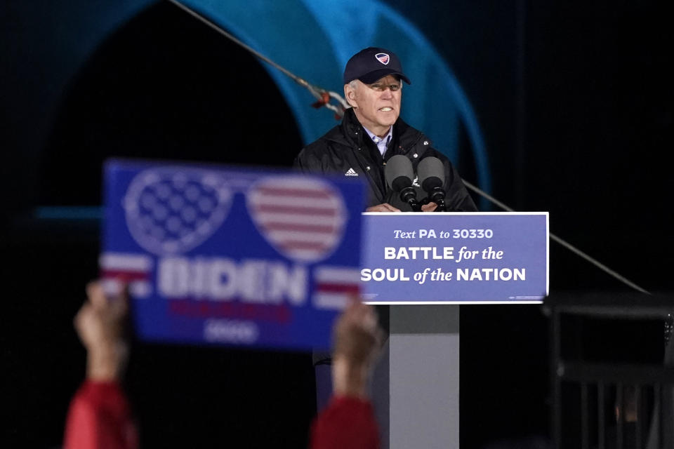 Democratic presidential candidate former Vice President Joe Biden speaks at a drive-in rally at Franklin Delano Roosevelt Park, Sunday, Nov. 1, 2020, in Philadelphia. (AP Photo/Andrew Harnik)