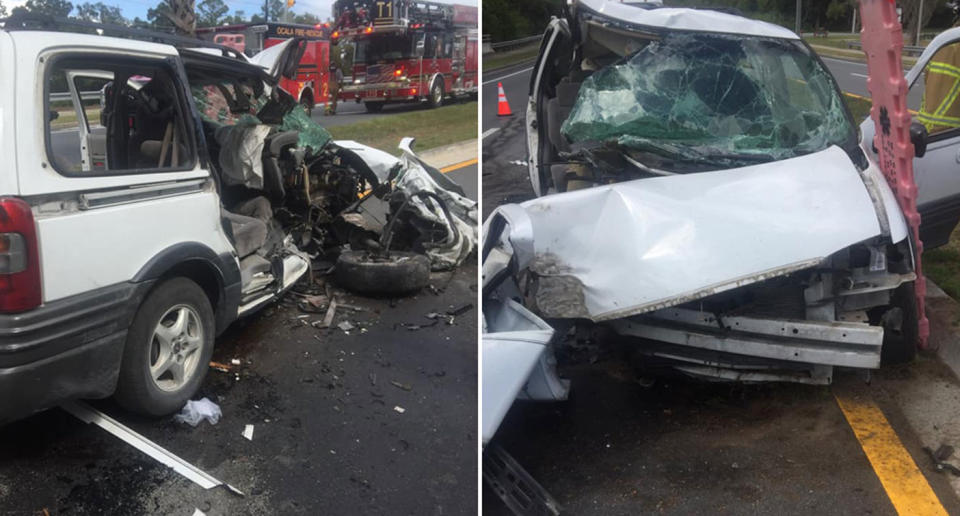 A smashed up car with a door removed and bonnet crushed.