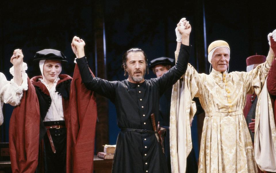 James (left) with Dustin Hoffman and Basil Henson in Peter Hall's 1989 stage production of Shakespeare's The Merchant of Venice - Georges De Keerle/Hulton Archive