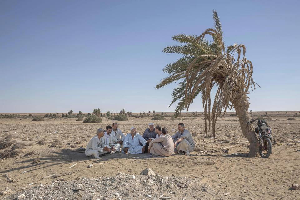 55-year-old Egyptian farmer Makhluf Abu Kassem, center, sits with farmers under shade of a dried up palm tree surrounded by barren wasteland that was once fertile and green, in Second Village, Qouta town, Fayoum, Egypt, Wednesday, Aug. 5, 2020. Abu Kassem fears that a dam Ethiopia is building on the Blue Nile, the Nile's main tributary, could add to the severe water shortages already hitting his village if no deal is struck to ensure a continued flow of water. "The dam means our death," he said. (AP Photo/Nariman El-Mofty)