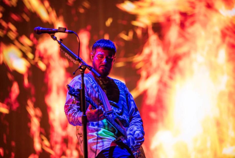 Avenged Sevenfold rhythm guitarist Zacky Vengeance performs at the Aftershock music festival on Thursday.