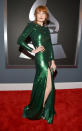 <b>Florence Welch</b><br> <b>Grade: A</b><br> Florence + the Machine songstress Florence Welch shined bright like an emerald … in head-to-toe Givenchy. The French designer custom made the studded green gown, shoes, and clutch for the “Sweet Nothing” singer, although he did take her input when it came to the sequins. “For me with my hair color, green is a good color,” said the redheaded Welch, who has worn Givenchy to every Grammy Awards she has attended.