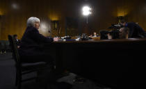 FILE - In this Feb. 24, 2015, file photo Federal Reserve Board Chair Janet Yellen prepares to testify on Capitol Hill in Washington before the Senate Banking Committee. (AP Photo/Susan Walsh, File)