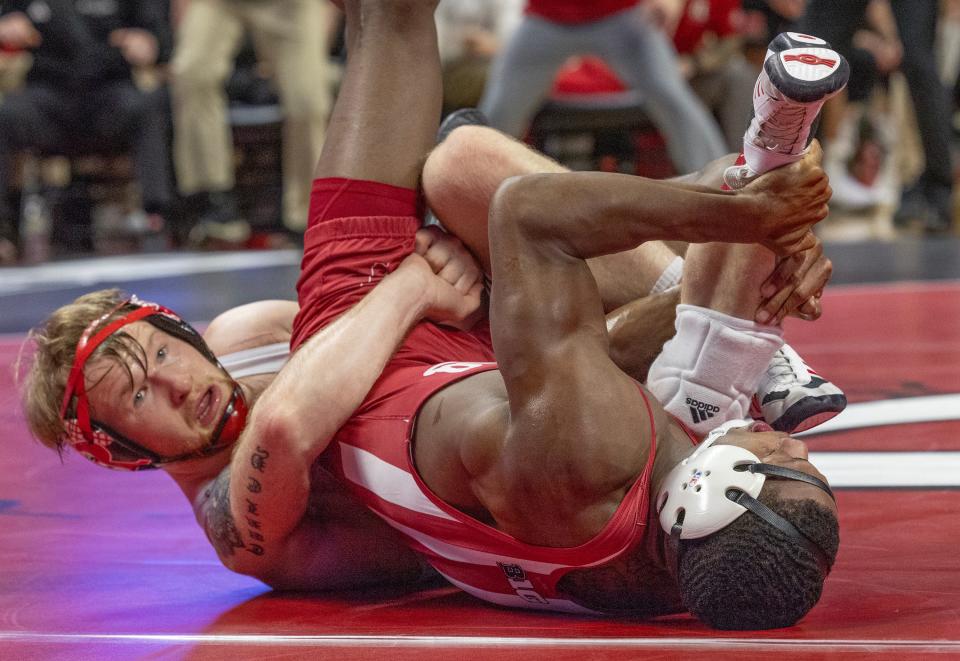 174: 27/23 Jackson Turley (R) tf. 9/9 D.J. Washington 4:56 (16-0). Rutgers University wrestling vs Indiana in Piscataway, NJ on January 12, 2024.