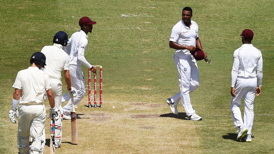 Shannon Gabriel exchanges words with Joe Root and Joe Denly. (Photo by Shaun Botterill/Getty Images,)