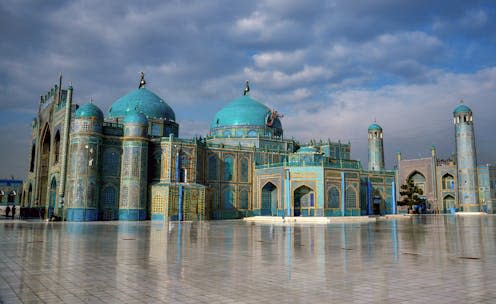 <span class="caption">The Mausoleum of Ali, which is located in Mazar-e-Sharif, Afghanistan, is a site of cultural significance for Khorasan.</span> <span class="attribution"><a class="link " href="https://www.shutterstock.com/image-photo/rawza-mazar-sharif-located-balkh-1359193919" rel="nofollow noopener" target="_blank" data-ylk="slk:Mushtaq B/Shutterstock;elm:context_link;itc:0;sec:content-canvas">Mushtaq B/Shutterstock</a></span>