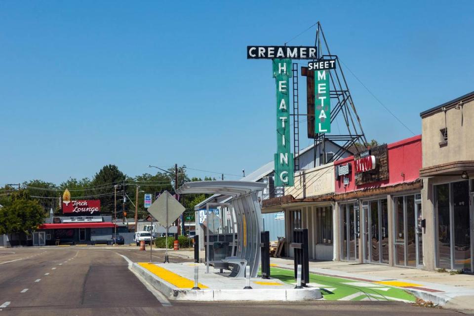 A recently upgraded Valley Regional Transit bus stop located at Main Street and North 17th Street in Boise.