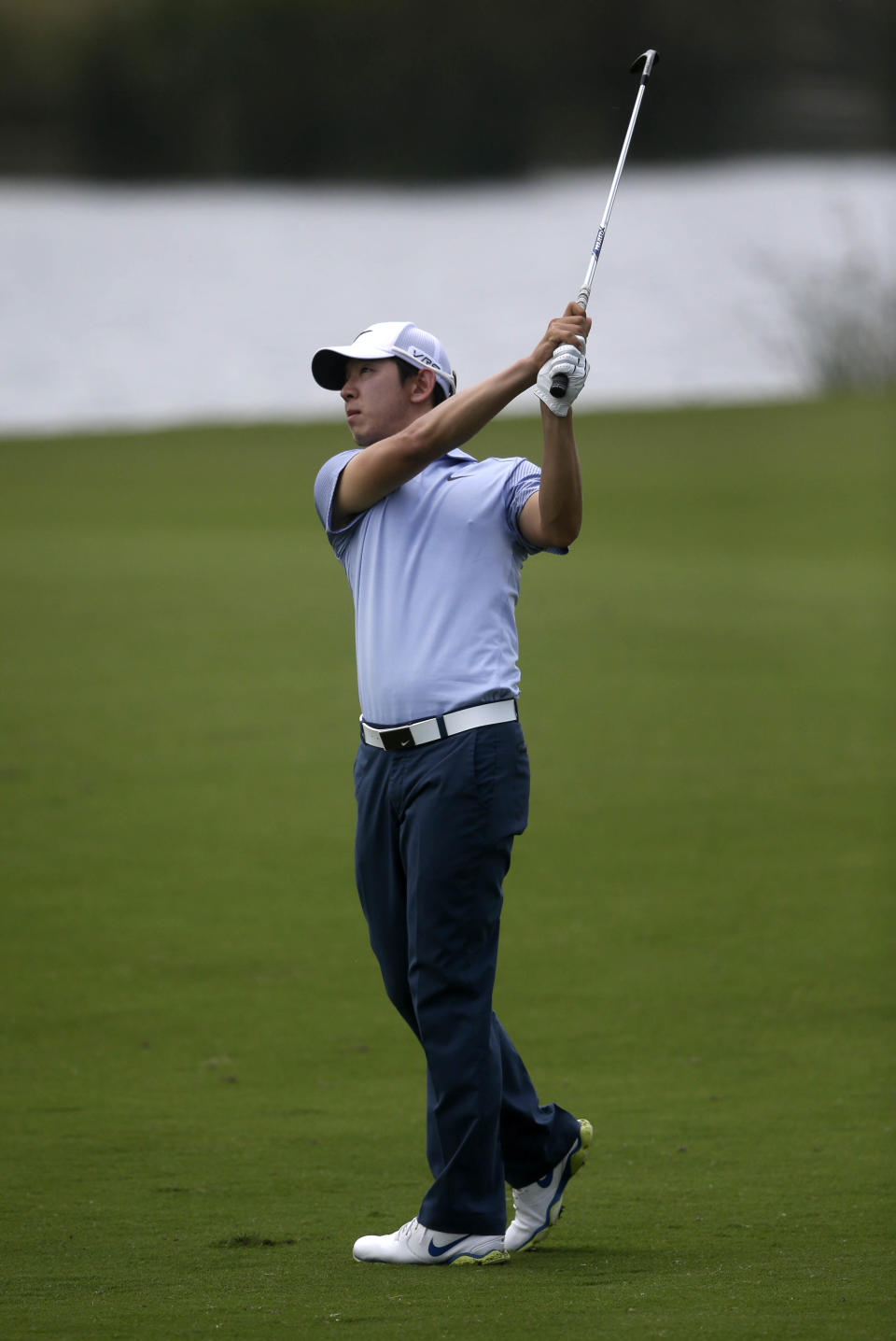 Noh Seung-yul of South Korea hits on the 18th fairway during the second round of the Zurich Classic golf tournament at TPC Louisiana in Avondale, La., Friday, April 25, 2014. (AP Photo/Gerald Herbert)