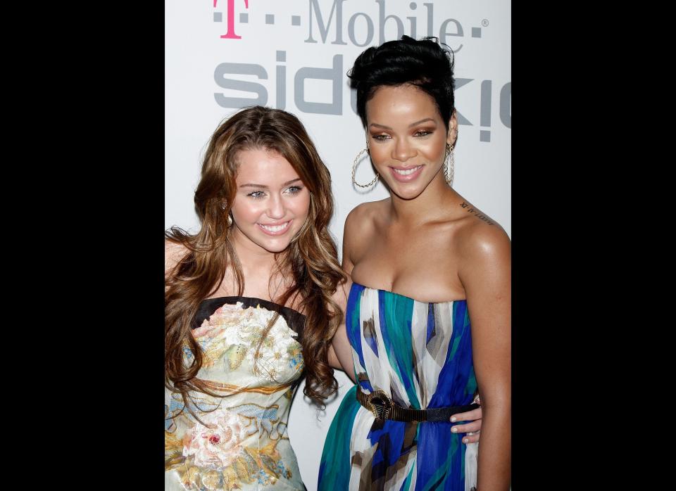 Singers Miley Cyrus and Rihanna attend the 2009 GRAMMY Salute to Industry Icons honoring Clive Davis at the Beverly Hilton Hotel on February 7, 2009 in Bevery Hills, California.