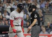 Boston Red Sox's Mookie Betts reacts after striking out during the fifth inning of the team's baseball game against the New York Yankees on Wednesday, Sept. 19, 2018, in New York. (AP Photo/Frank Franklin II)