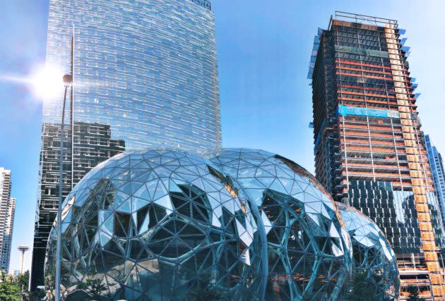 Amazon opened The Spheres in 2018 and continued to build out its massive Seattle presence, all while searching for and finding new homes on the East Coast. (GeekWire Photo / Kurt Schlosser)