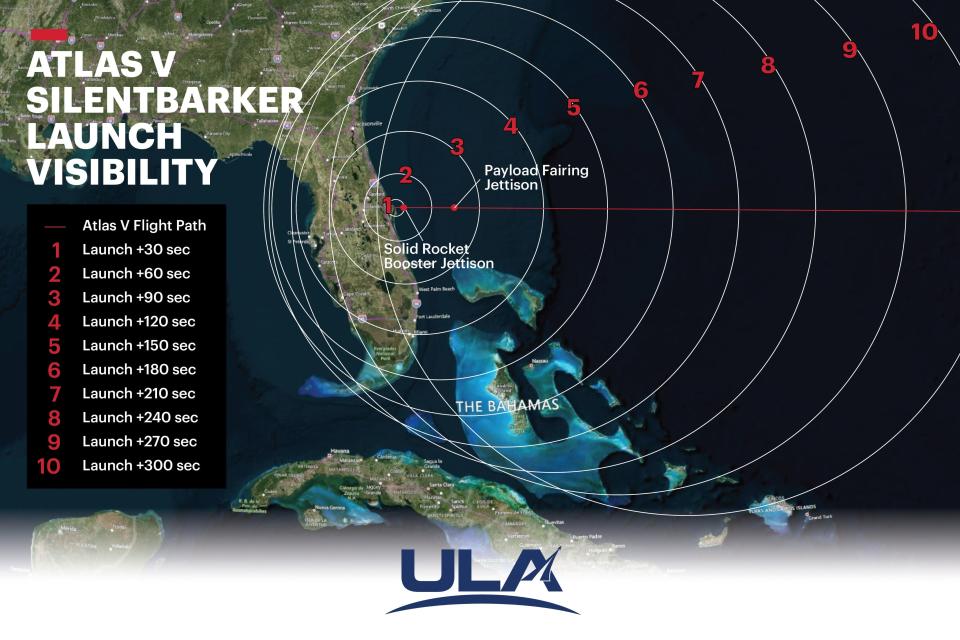 This illustration provided by United Launch Alliance depicts when and where the launch of an Atlas V rocket from Cape Canaveral Space Force Station can be seen.