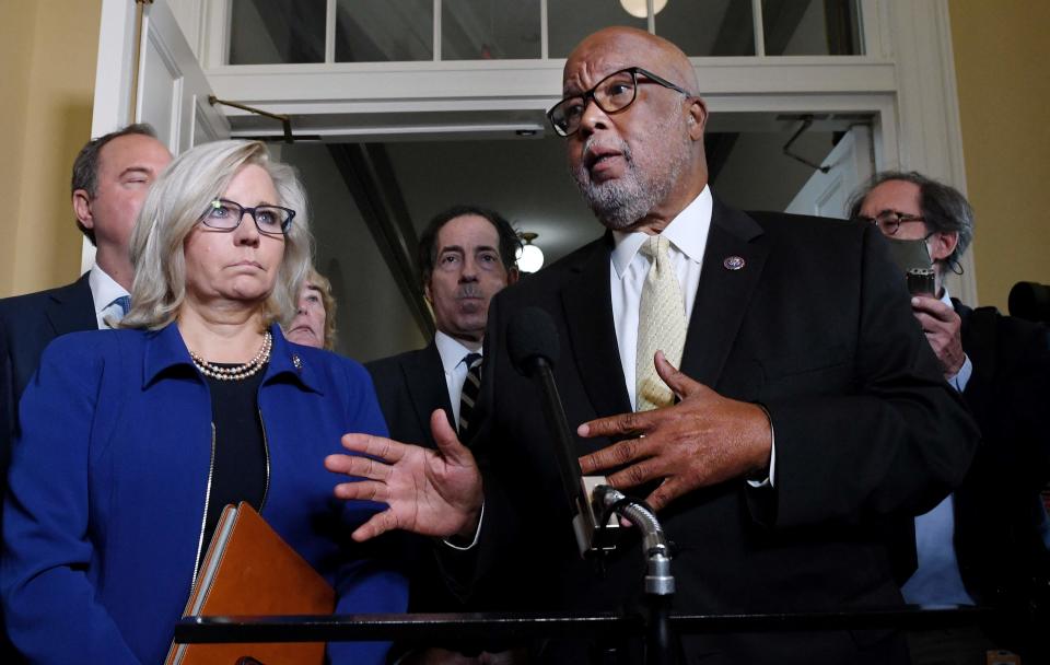 Rep. Bennie Thompson, D-Miss., with Rep. Liz Cheney, R-Wyo., speaks to the media following testimony during the Select Committee to Investigate the January 6th Attack on the U.S. Capitol adjourned their first hearing on Capitol Hill in Washington, D.C., on July 27, 2021.