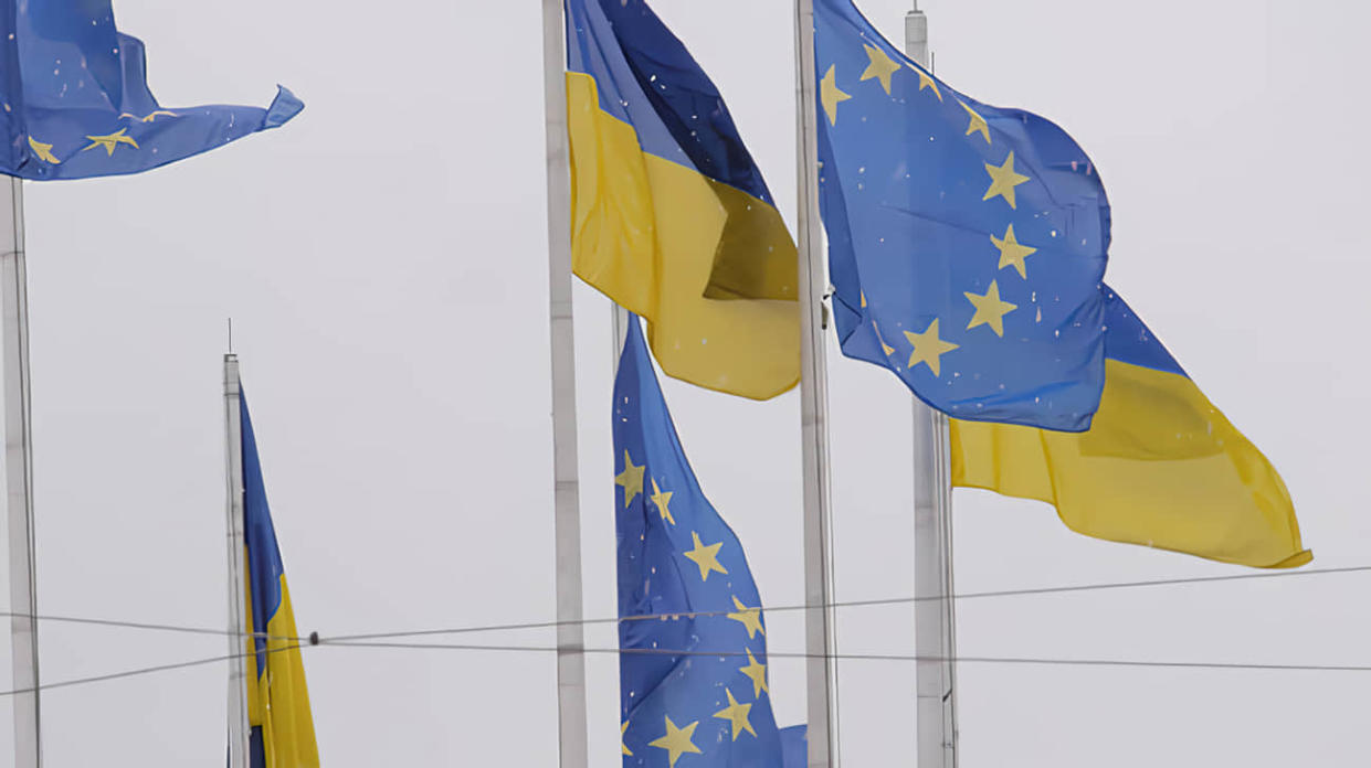 EU and Ukrainian flags. Stock photo: Getty Images