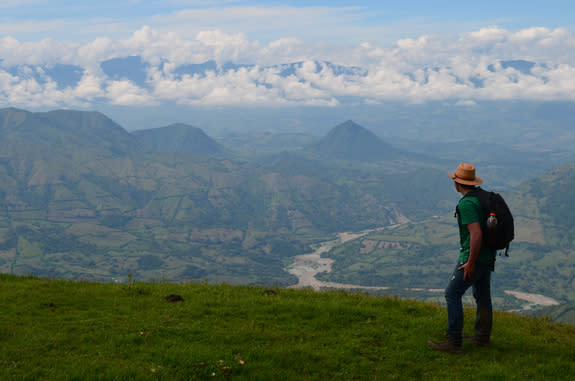 View of the Cauca River canyon, with Panama Arc volcanoes in the distance.