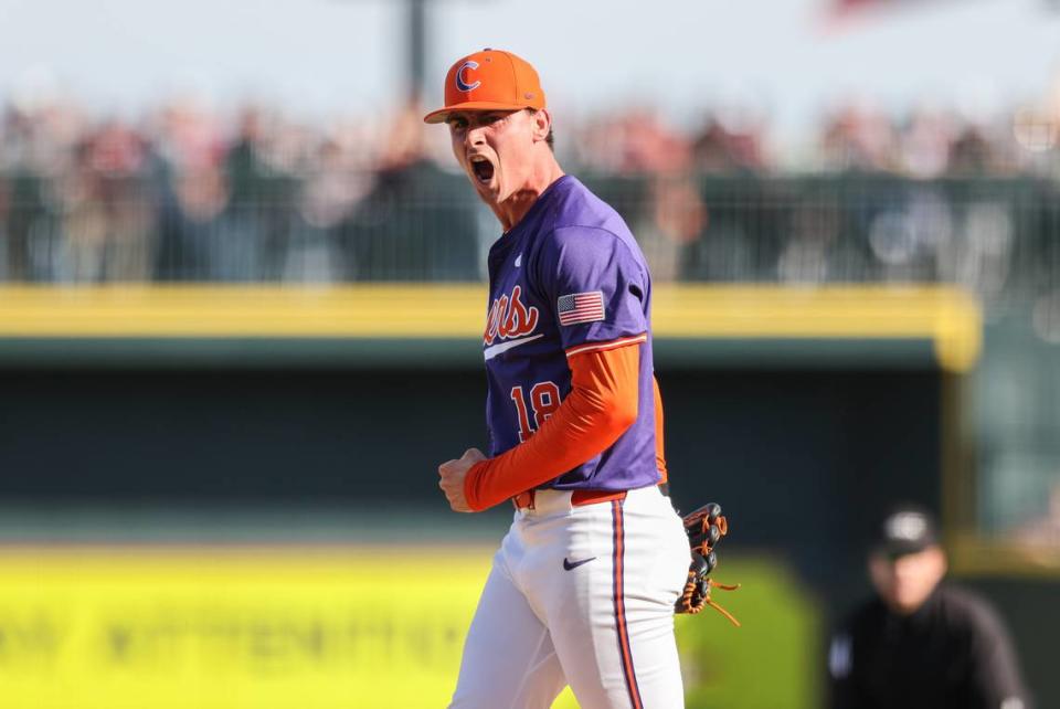 Clemson pitcher Tristan Smith (18) reacts after a striekout during the Gamecocks’ game against Clemson at Segra Park in Columbia on Saturday, March 2, 2024.