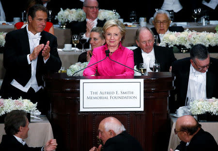 Democratic U.S. presidential nominee Hillary Clinton delivers remarks at the Alfred E. Smith Memorial Foundation dinner in New York, U.S. October 20, 2016. REUTERS/Jonathan Ernst