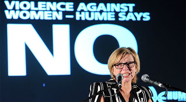 Australian of the Year Rosie Batty cries on stage during her speech at a White Ribbon Day at Broadmeadows town hall in November. Photo: AAP