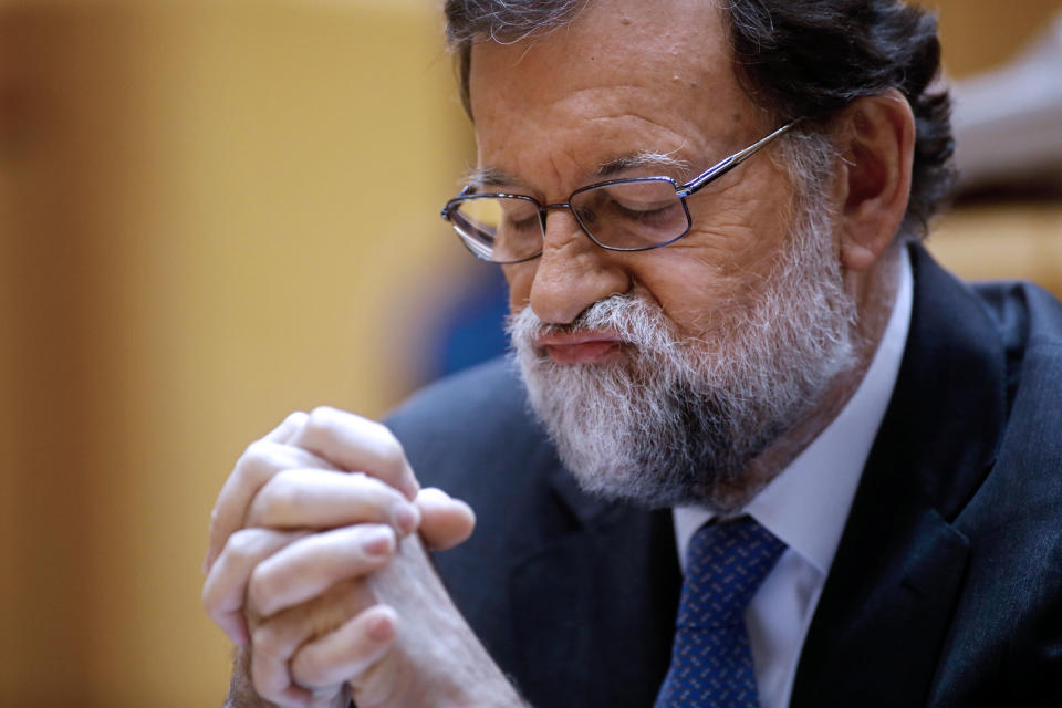 <p>Spain’s Prime Minister Mariano Rajoy, gestures as he attends a session of the Upper House of Parliament in Madrid on Oct. 27, 2017. (Photo: Oscar del Pozo/AFP/Getty Images) </p>