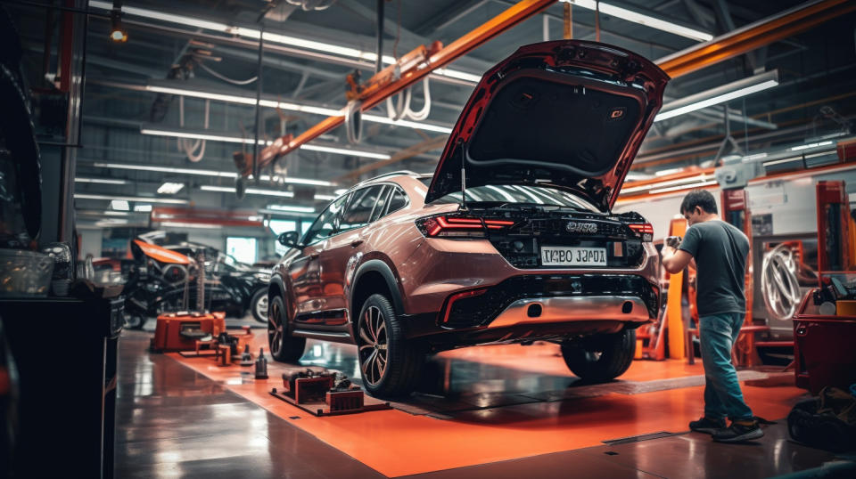 A busy auto service bay with technicians servicing a car.