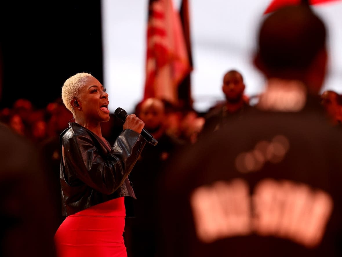 Jully Black sings prior to the 2023 NBA All-Star game between Team Giannis and Team LeBron at Vivint Arena on Feb.19, 2023 in Salt Lake City, Utah. (Tim Nwachukwu/Getty Images - image credit)