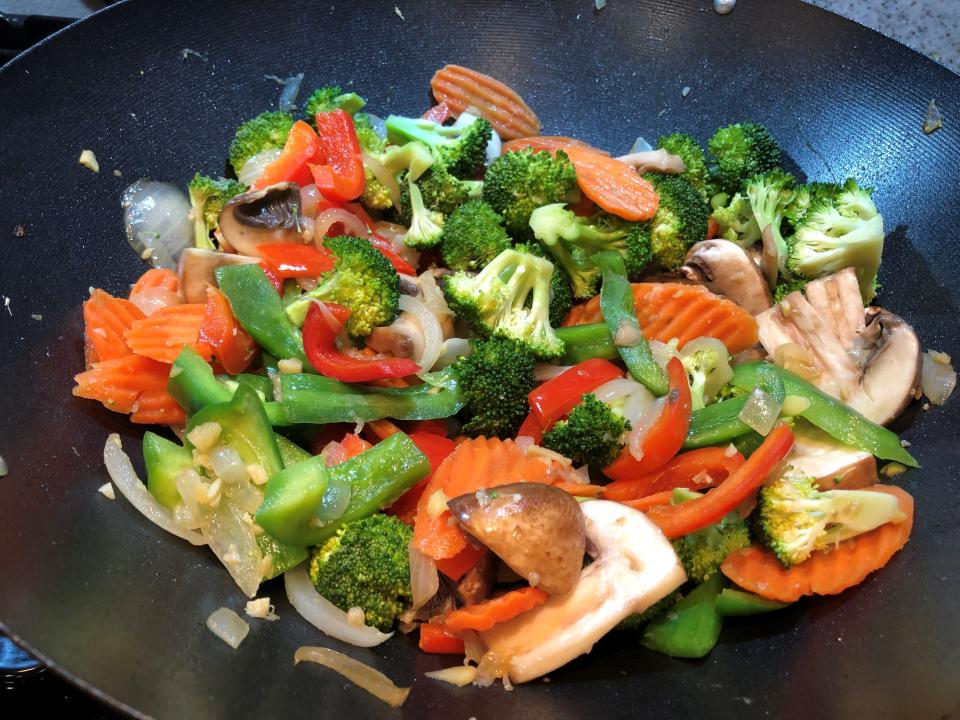 Thai Red Curry is loaded with fresh vegetables.