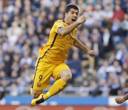 Football Soccer - Deportivo Coruna v Barcelona - Spanish Liga BBVA - Riazor stadium, Coruna - 20/4/16. Barcelona's Luis Suarez celebrates his goal against Deportivo Coruna. REUTERS/Miguel Vidal