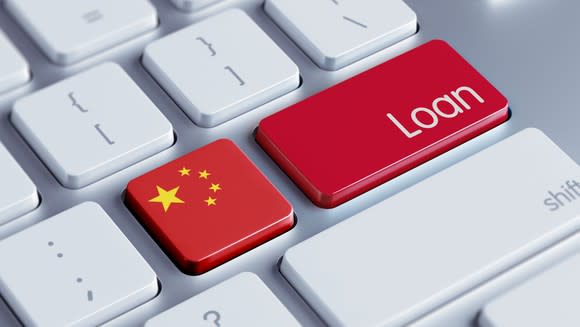 Two buttons on a computer keyboard, displaying the Chinese flag and the word "loan".