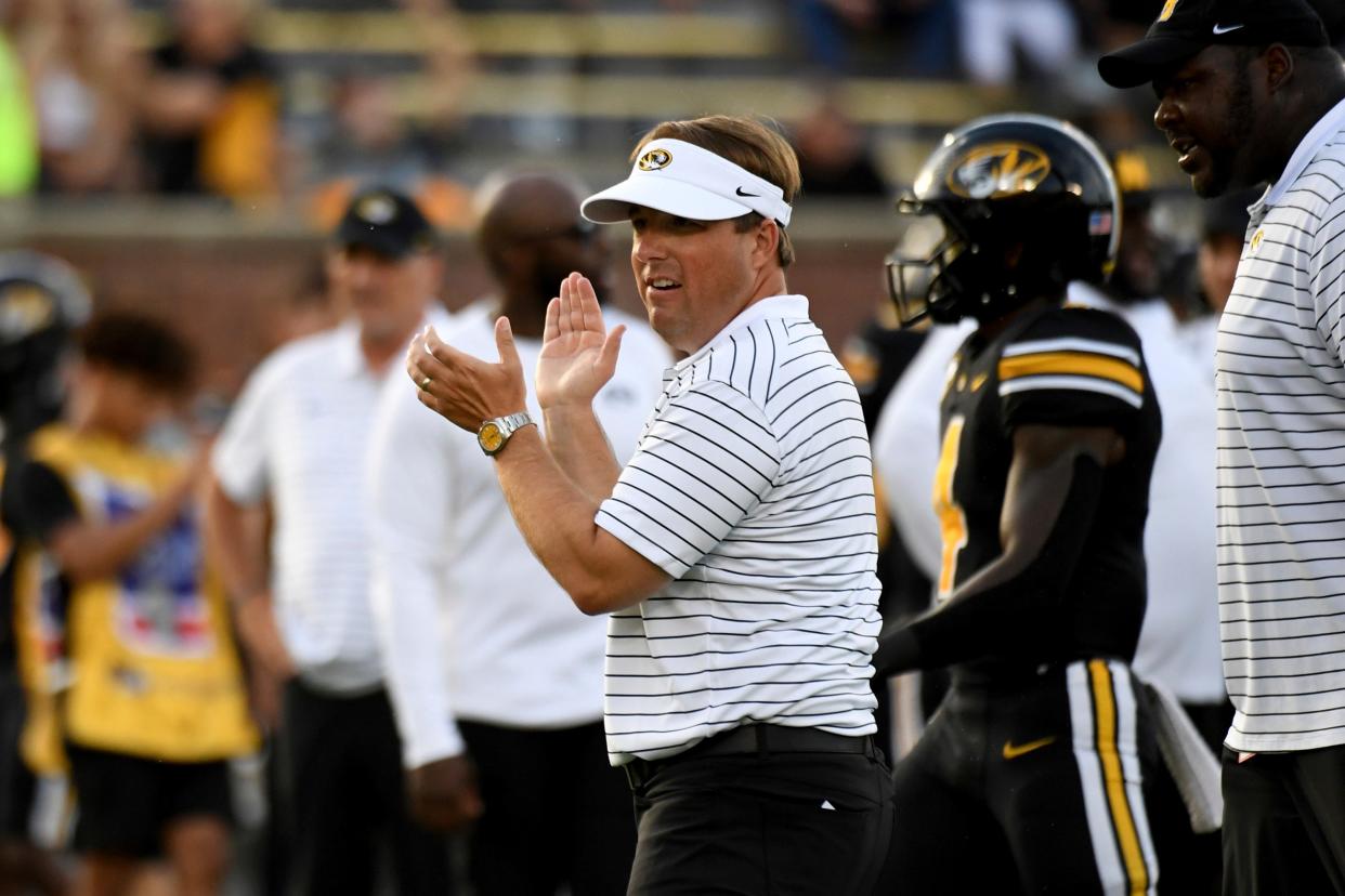 Missouri head coach Eli Drinkwitz watches before the start of an NCAA college football game against Louisiana Tech Thursday, Sept. 1, in Columbia, Mo. (AP Photo/L.G. Patterson)