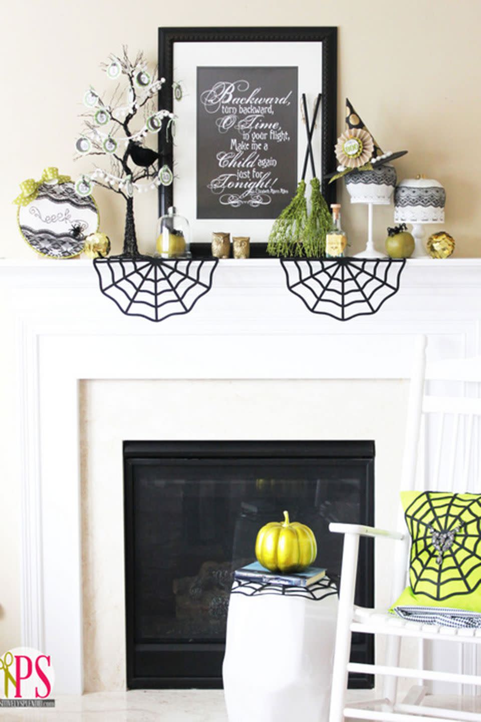 Pop of Green Halloween Mantel Decor