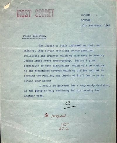 A 1941 document in which U.K. Prime Minister Winston Churchill approved sharing key intelligence secrets with the U.S. <a href="https://www.nationalchurchillmuseum.org/" rel="nofollow noopener" target="_blank" data-ylk="slk:Image courtesy of America’s National Churchill Museum;elm:context_link;itc:0;sec:content-canvas" class="link ">Image courtesy of America’s National Churchill Museum</a>, <a href="http://creativecommons.org/licenses/by-nd/4.0/" rel="nofollow noopener" target="_blank" data-ylk="slk:CC BY-ND;elm:context_link;itc:0;sec:content-canvas" class="link ">CC BY-ND</a>