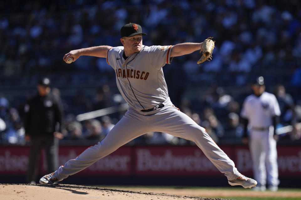 San Francisco Giants starting pitcher Logan Webb throws during the sixth inning of a baseball game against the New York Yankees at Yankee Stadium Thursday, March 30, 2023, in New York. (AP Photo/Seth Wenig)