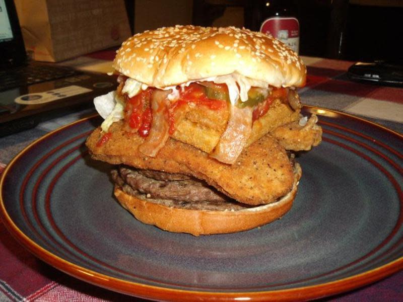 In the US, Burger King has the Noah's Ark burger which as the name suggested, consists of two of every kind of patty BK has to offer: beef, veggie, chicken and fish, plus bacon.