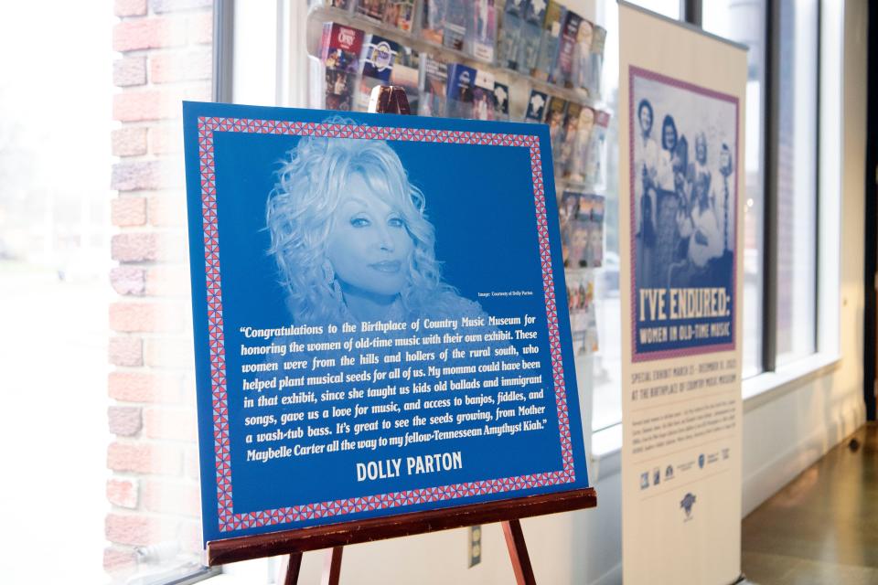 A statement from Dolly Parton on the exhibit, "I've Endured: Women in Old-Time Music," at the Birthplace of Country Music Museum in Bristol, VA. on Wednesday, March 22, 2023. The exhibit showcases the significance of women and their role in the origins of country music. "My momma could have been in that exhibit," stated Parton.