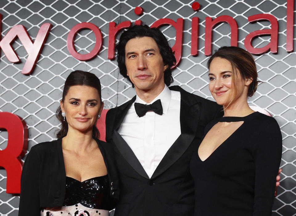 Penelope Cruz, Adam Driver and Shailene Woodley attend the UK Premiere of “Ferrari” at the Odeon Luxe Leicester Square on December 04, 2023 in London, England. (Photo by Sama Kai/Dave Benett/WireImage)
