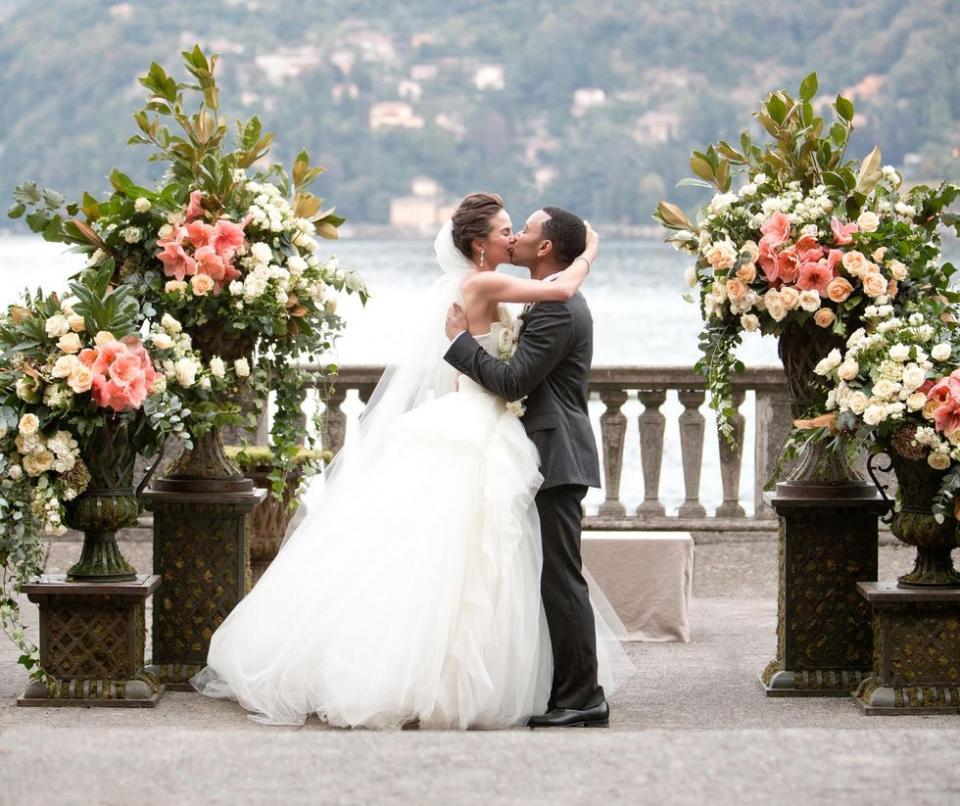 <p>Chrissy Teigen married John Legend in a custom Vera Wang gown at Villa Pizzo on Lake Como in September of 2013. The bride changed into a second gown, also by Wang, for her reception. </p>