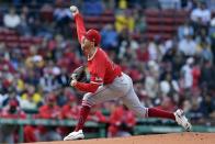 Los Angeles Angels' Griffin Canning pitches against the Boston Red Sox during the first inning of a baseball game, Saturday, April 13, 2024, in Boston. (AP Photo/Michael Dwyer)