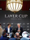 Switzerland's Roger Federer sits beside as Bjorn Borg of Sweden (R) addresses a news conference to promote the Laver Cup tennis tournament in Geneva, Switzerland February 8, 2019. REUTERS/Arnd Wiegmann