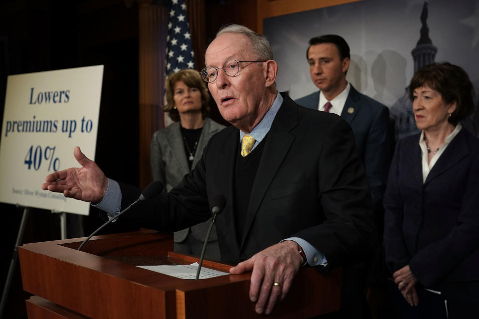 Sen. Lamar Alexander (R-Tenn.) speaks at a March 21 news conference on Capitol Hill to discuss Republican legislative proposals on health insurance premiums. (Photo: Alex Wong via Getty Images)
