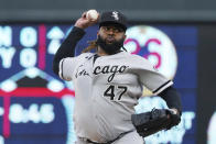 Chicago White Sox pitcher Johnny Cueto (47) throws to a Minnesota Twins batter during the first inning of a baseball game Thursday, July 14, 2022, in Minneapolis. (AP Photo/Jim Mone)