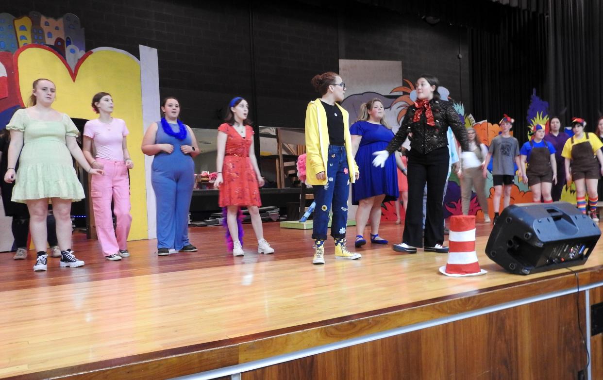 The cast of "Seussical: The Musical" at River View High School rehearse a scene. Performances are Friday and Saturday.