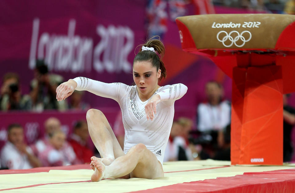 McKayla Maroney of United States fails to land her dismount in the Artistic Gymnastics Women's Vault final on Day 9 of the London 2012 Olympic Games at North Greenwich Arena on August 5, 2012 in London, England. (Photo by Quinn Rooney/Getty Images)
