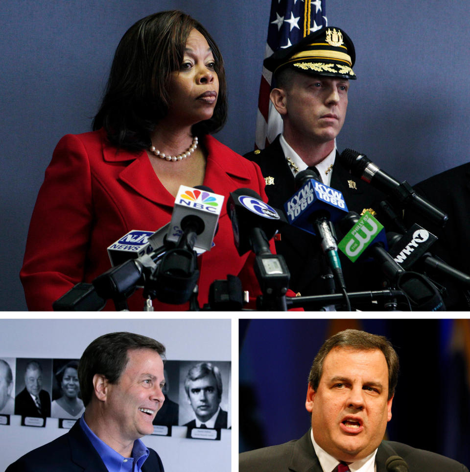 Top: Camden Mayor Dana Redd. Bottom left: State Sen. Donald Norcross. Bottom right: New Jersey Gov. Chris Christie.